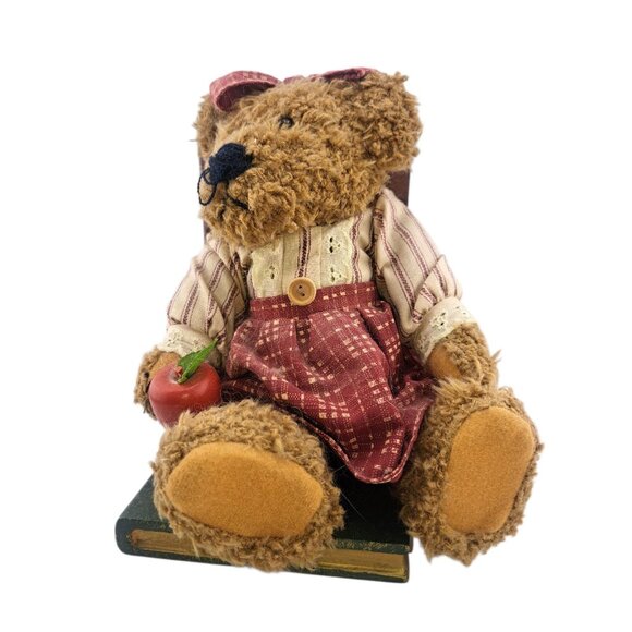 VTG Teddy Bear Bookends Plush Nursery Cottagecore Decor Wooden Base Boyds - Picture 11 of 11